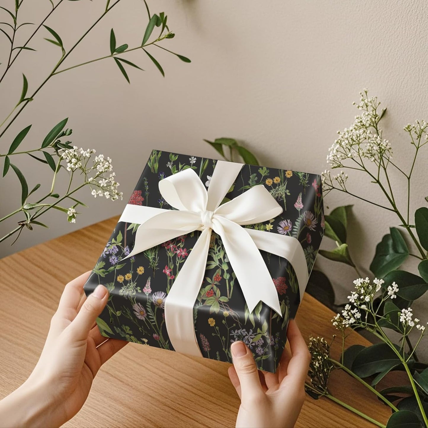 RUSPEPA Wild Flower Wrapping Paper Roll for Women Girls, Mini Roll, Elegant Black Floral Design Gift Wrap Paper Perfect for Birthday, Bridal Shower, Spring, Wedding, Mother's Day, 17 Inch x 16.4 Feet