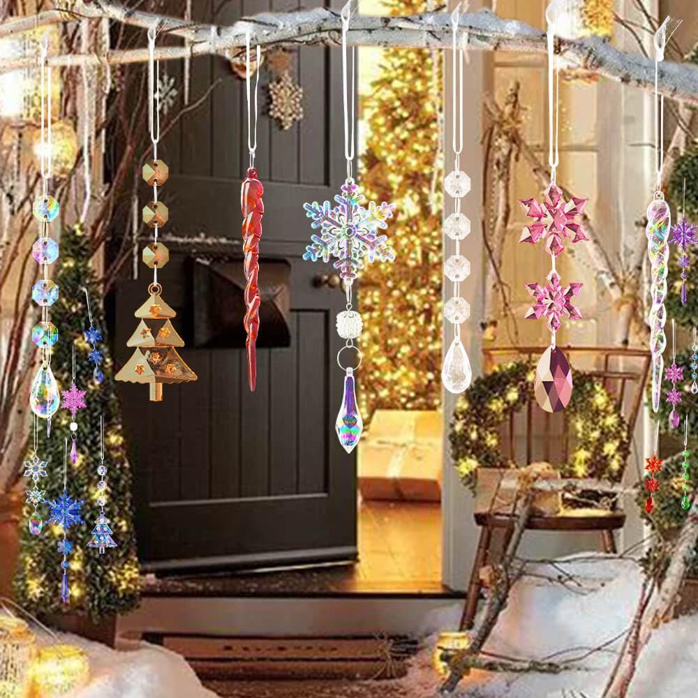 Lanpn 26 Pcs Christmas Ornaments Crystal Christmas Tree Decoration, Hanging Clear Acrylic Snowflake Icicle Drop Pendants for Xmas Winter Outdoor Indoor Party Decoration Green