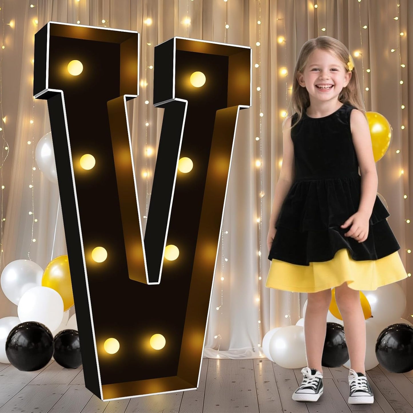 Pooqla 3FT Marquee Light Up Letters, Black LED Party Decor Large Marquee Letters 3 Feet Tall, Giant Mosaic Letter for Birthday Graduation Anniversary Wedding Decoration, Letter V