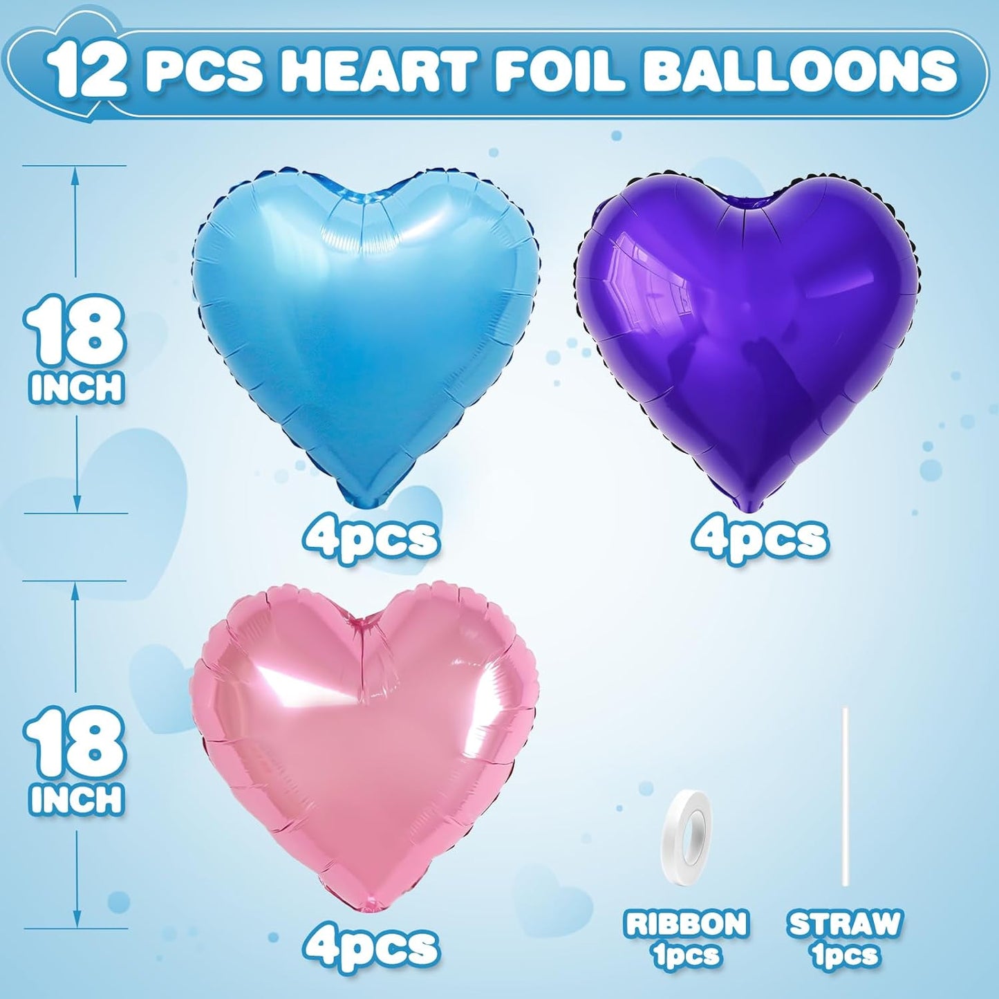 Blue Pink Purple Heart Balloons,12Pcs 18Inch Blue Purple Pink Heart Shaped Foil Helium Polyester Film Balloons for Baby Shower Birthday Anniversary Wedding Engagement Party Decorations