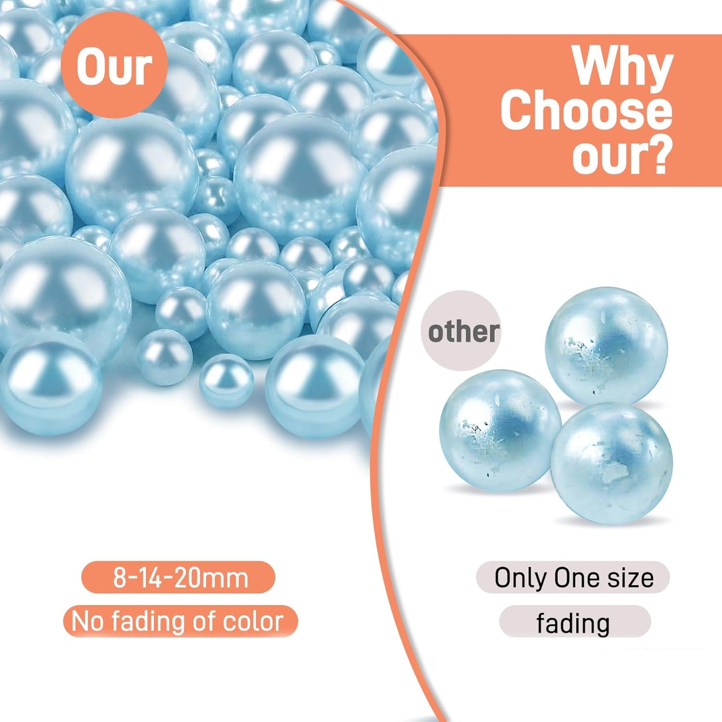 120 PCS 8/14/20mm No Hole Polish Pearl Beads for Centerpiece, Light Blue Beads Decorative Vase Fillers, Plastics Pearls for Vases, Table Scatters, Wedding Party Decor