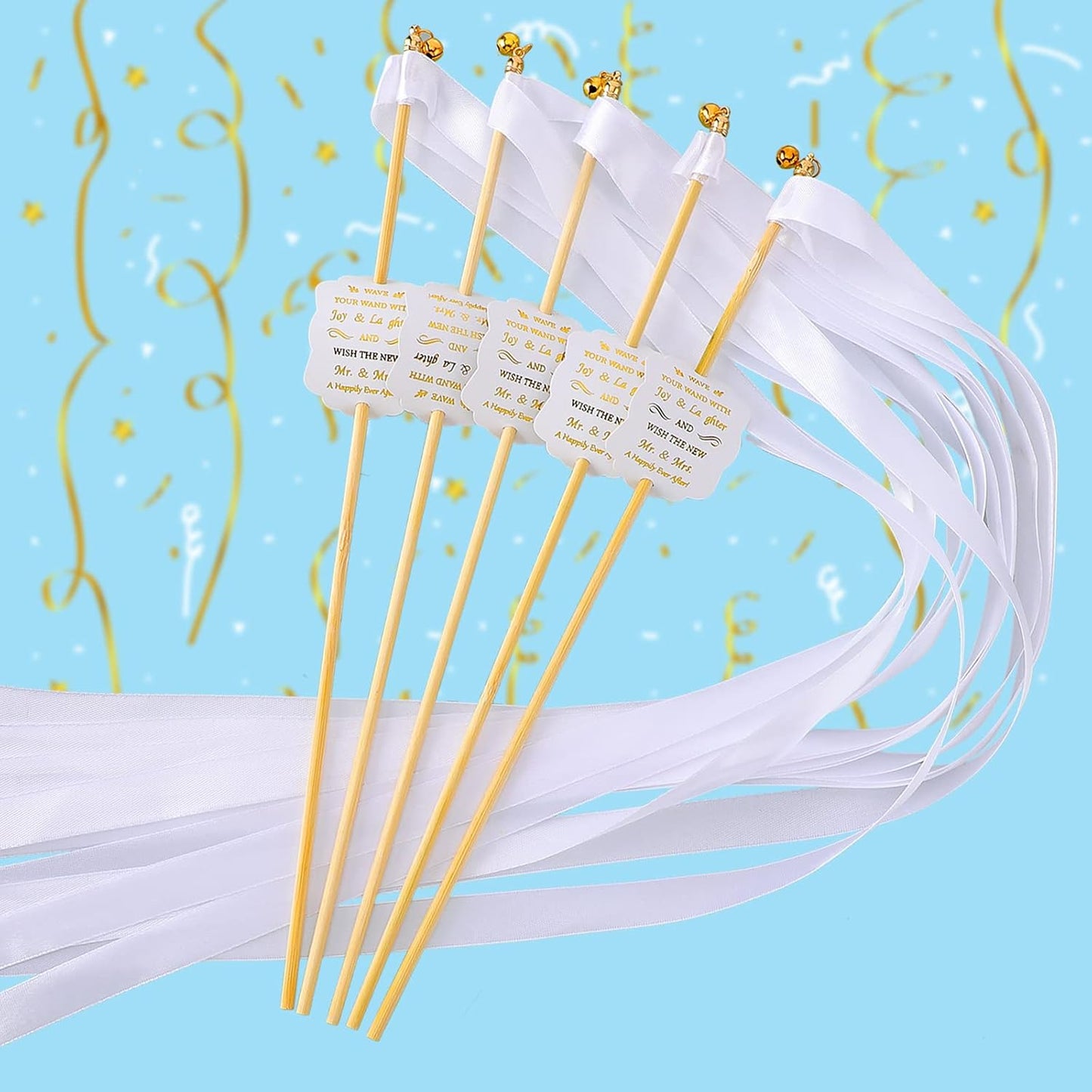 Junkin 100 Pcs Wedding Wands Streamers with Bells Set, 50 White Wedding Send Off Ribbon Streamers Sticks and 50 Favor Tags for Bridal Baby Shower Anniversary Holiday Send Off Party Activities Favors