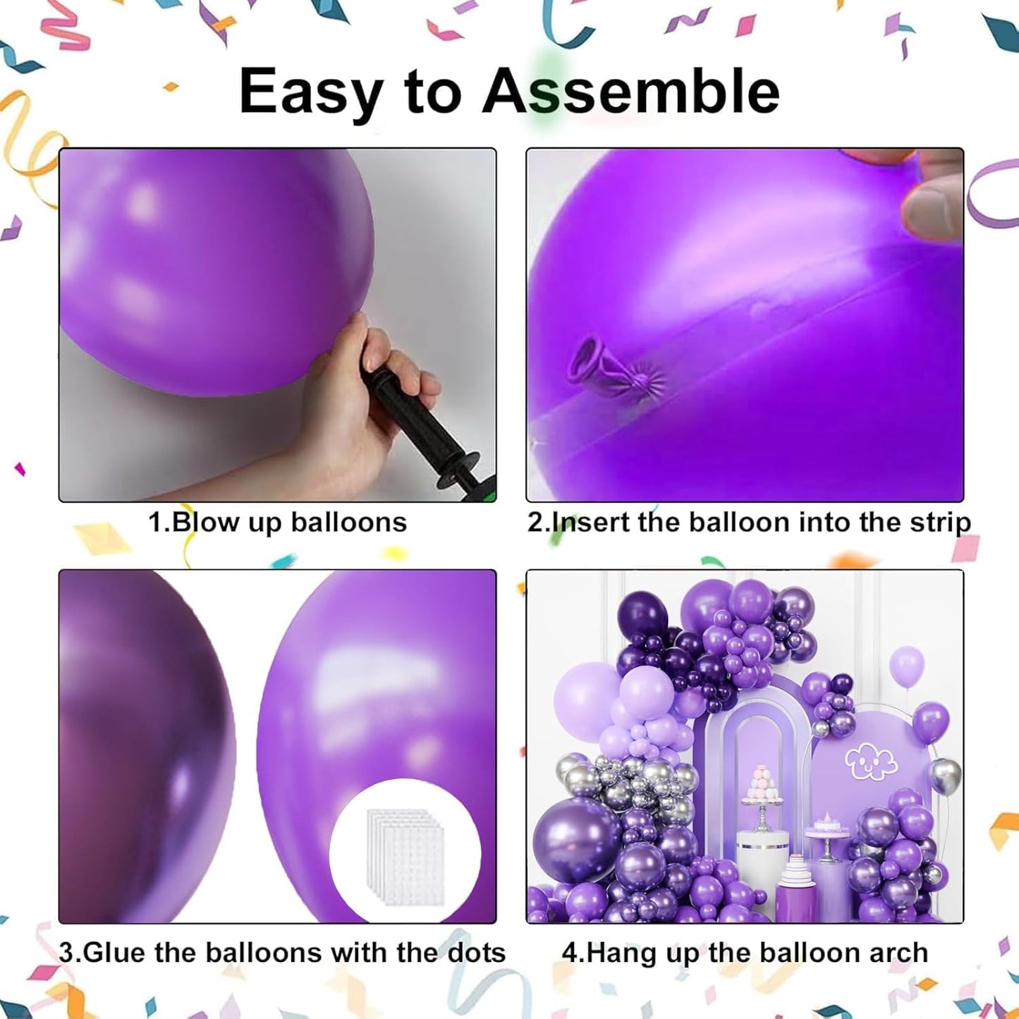 Purple Balloon Garland Arch Kit, Metallic Chrome Purple Balloons and Silver Balloons with Different Size for Birthday, Wedding, Baby Shower Decorations