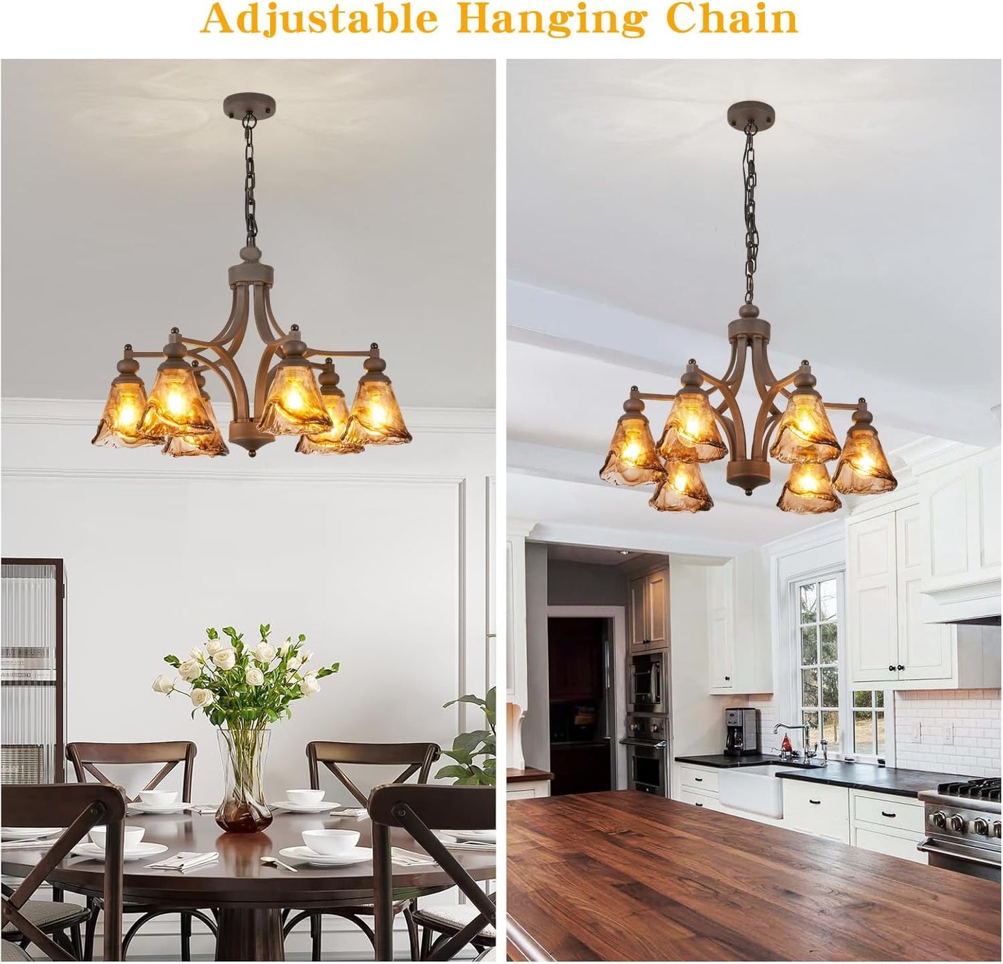 Vintage Farmhouse Chandelier, 27 Inch Adjustable Amber Glass Rust-Finish Metal Pendant Light Fixture for Living Room, Bedroom, Dining Room, Kitchen Lighting (6-Light)