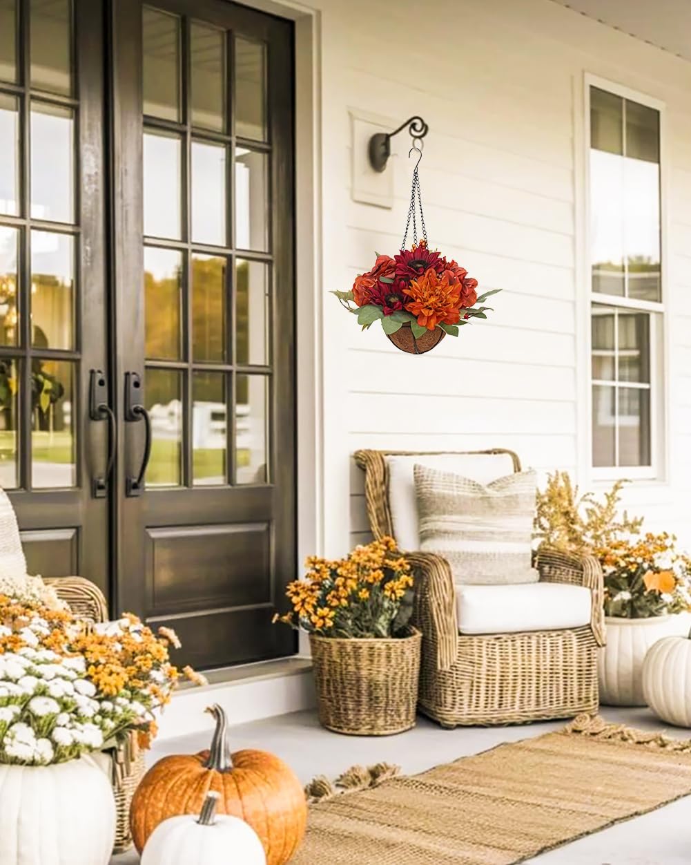 Hydrangea Fall Hanging Baskets Sunflowers Artificial Flowers Fall Hanging Decor Sunflowers Flowers Red Orange Fake Hydrangea Faux Plants Indoor Outdoor for Porch Garden Autumn Decorations for Home