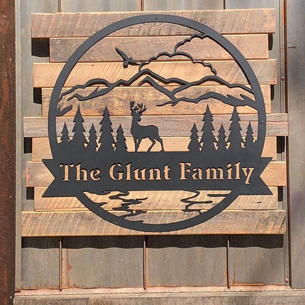 RealSteel Personalized Outdoor Metal Sign, Customize the Great Outdoor Deer & Mountain Monogram, Rustic Cabin, Lodge, or Home Décor, Laser Cut Steel Wall Art, Family Gifts
