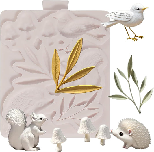 1Pcs Cute Hedgehog Squirrel Silicone Mold, Mushroom Leaf Chocolate Fondant Mold for Cake Decoration, Biscuits, Candy, Sugar Craft, Flower Paste, Clay, Resin Craft, Pendant, Home Decor