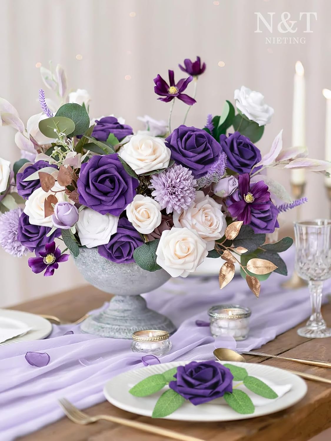 N&T NIETING Artificial Flowers 50pcs Real Looking Dusty Purple Foam Fake Roses with Stems for DIY Wedding Bouquets Bridal Shower Centerpieces Arrangements Party Tables Decorations
