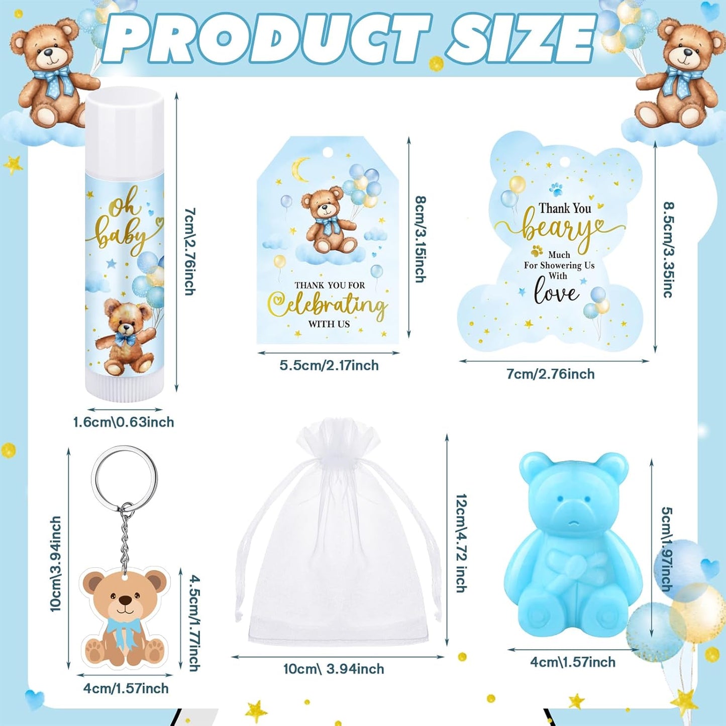 288 Baby Shower Favors Baby Shower Gifts Bulk Lip Balms Soaps Keychains Organza Bags Guest Appreciation Gift with Thank You Tags and Cards for Boys Girls Guest Gift(Blue,Bear)