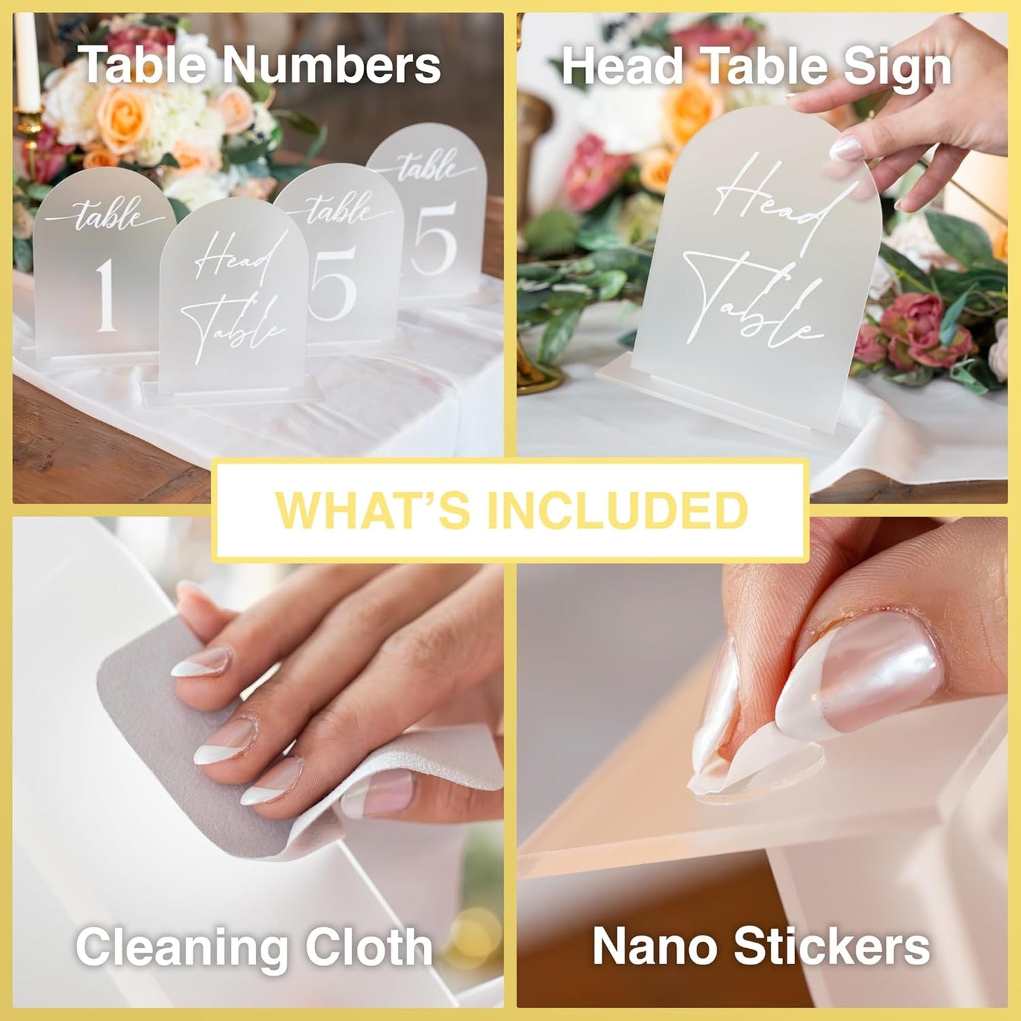 Frosted Arch Acrylic Table Numbers for Wedding Reception - 5" x 7" White Font Centerpiece Set with Holder Stands & Head Table Sign - Anniversary, Event, Party, Wedding set 1-15