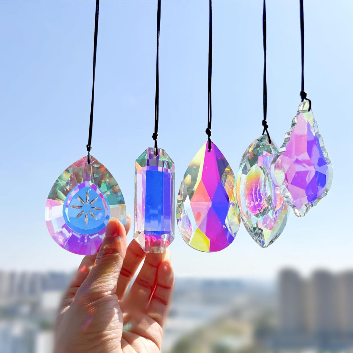 5Pcs 3-inch Crystal Sun Catcher Prisms for Windows Garden Patio,AB Colored Hanging Suncatchers with Glass Prism Rainbow Maker Ideal