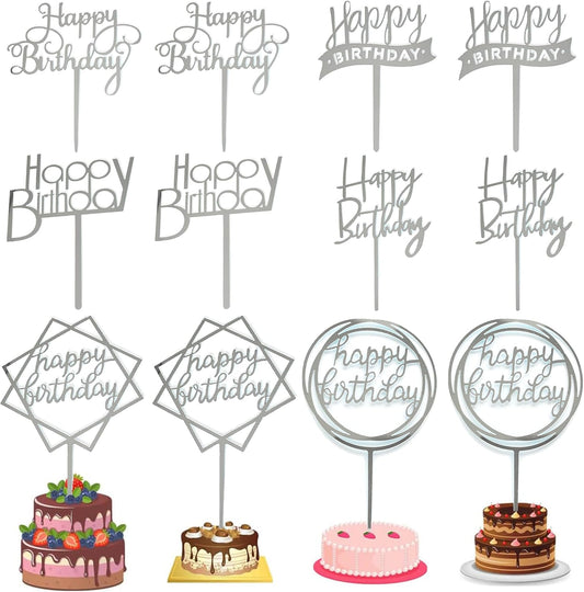 12 Pack Multi Styles Birthday Cake Topper Set, Acrylic Cake Bunting Decor Birthday Cake Picks Party Decorations Supplies(Silver)