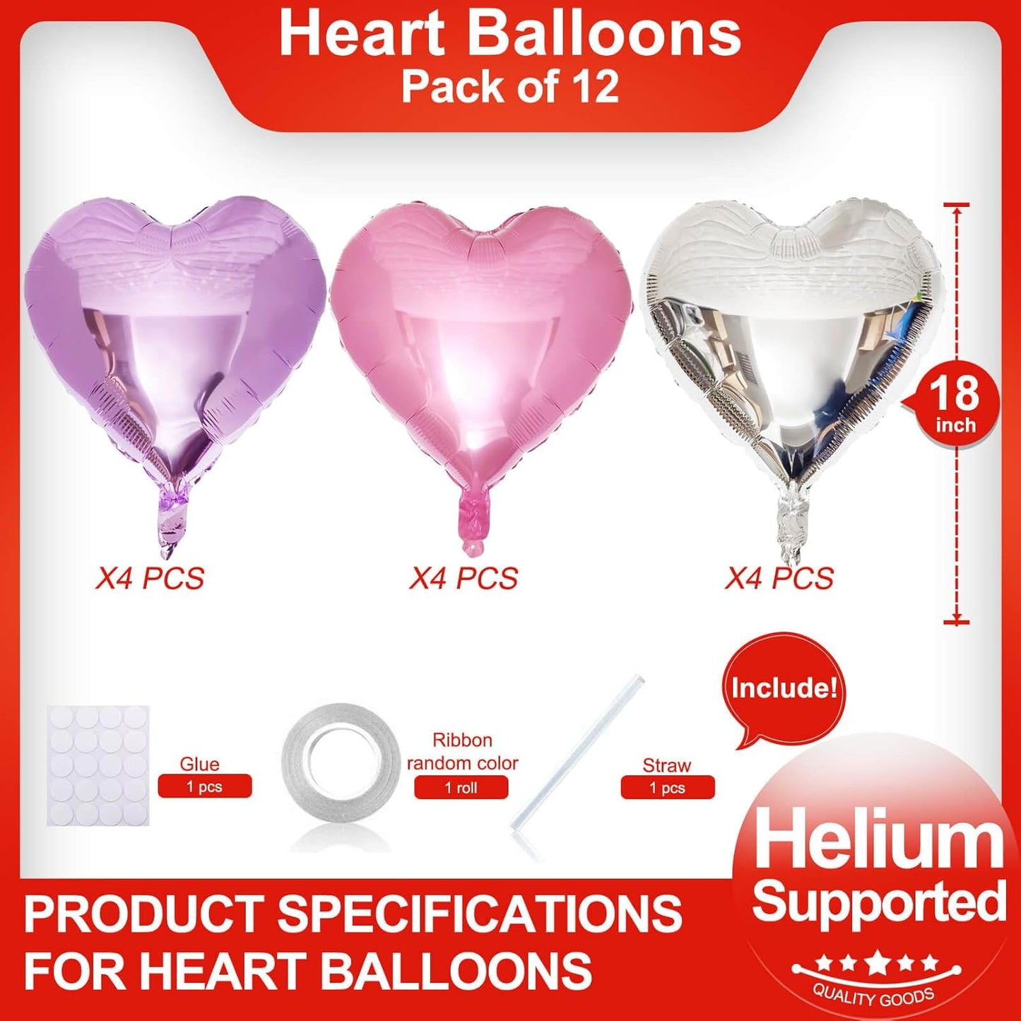 Pink Heart Shaped balloons Pack of 12,18 Inch Silver Love Valentine Balloons Purple Heart Romantic Balloons For Valentines Day Propose Marriage Wedding Bridal Shower Engagement Party Decorations