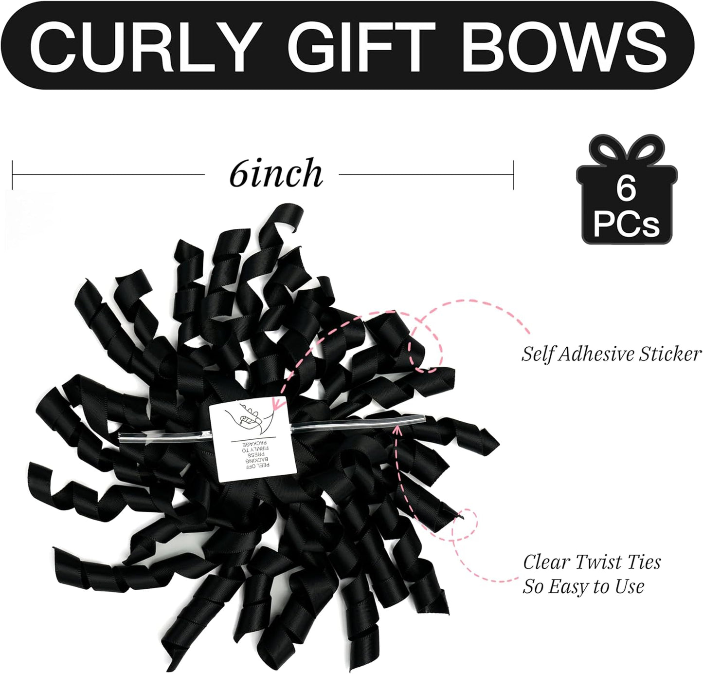6 Inch Black Curly Bows for Gift Wrapping Set of 6, Self Adhesive Bows Black Gift Bows for Presents, Satin Ribbon Bows for Birthday, Wedding, Christmas, Bridal Shower, Gift Wrap Accessory