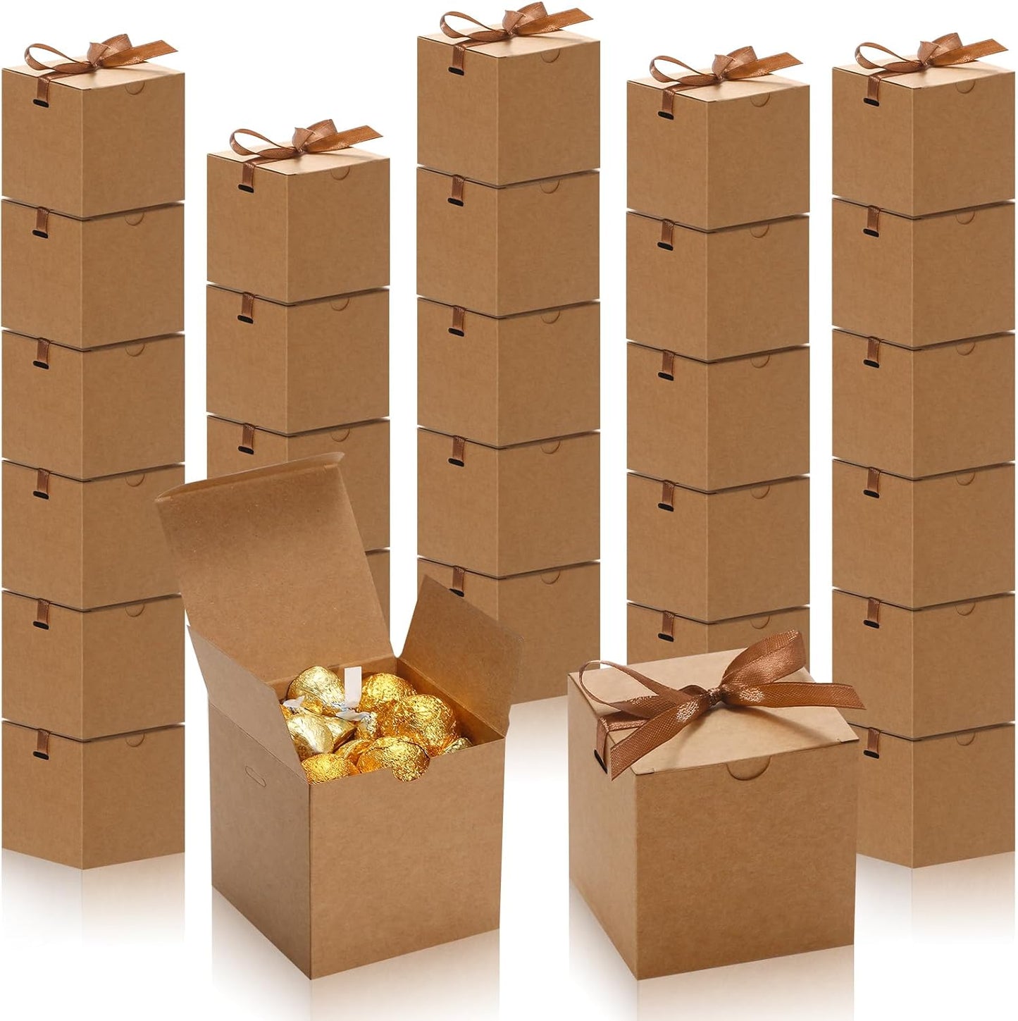 DOYIDE 60 Pcs Small Gift Boxes, 3x3x3 inches Kraft Paper Gift Box with Ribbons, Brown Candy Boxes for Christmas Wedding Favors Baby Shower Bridal Shower Birthday Party