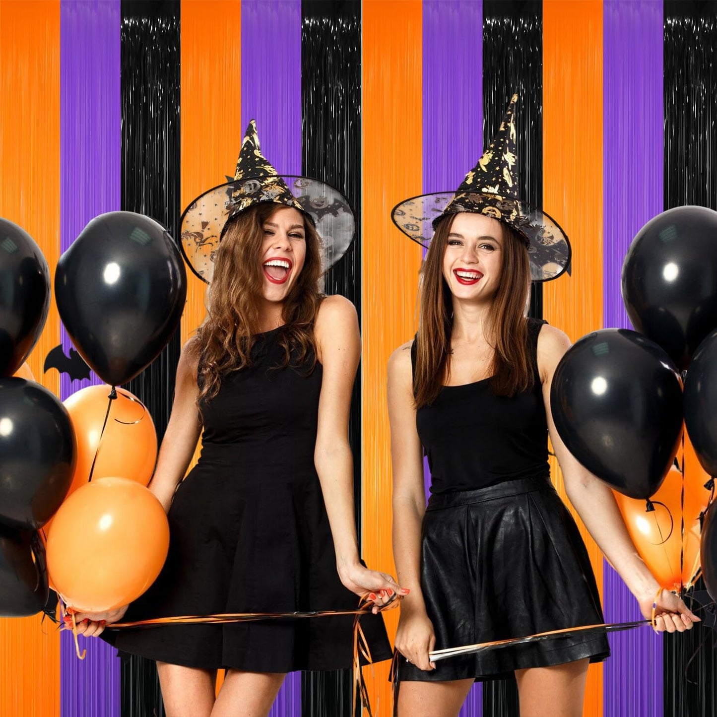 GOER 3.2 ft x 8.2 ft Metallic Tinsel Foil Fringe Party Backdrop for Halloween Birthday Graduation New Year's Party Decorations(4 Packs,Black&Orange&Purple)