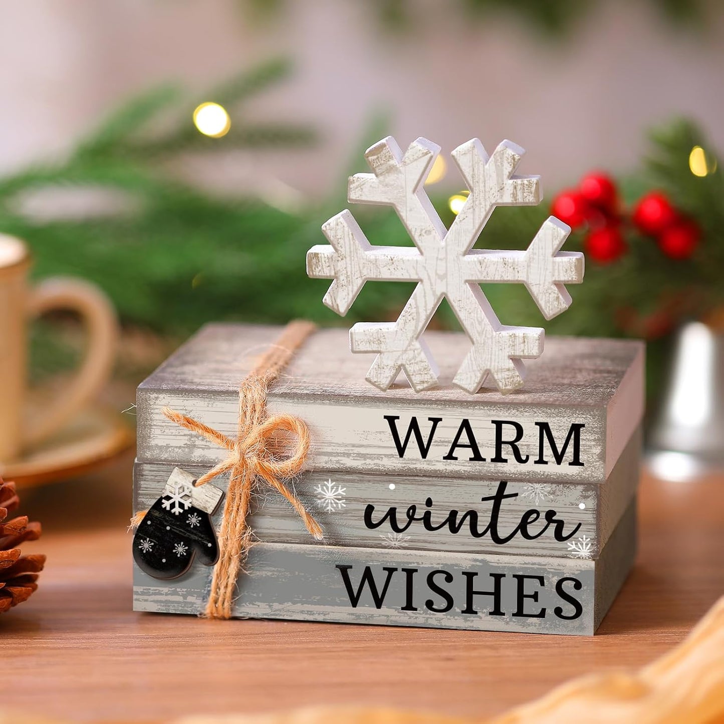 4 Pcs Winter Christmas Decor Winter Table Decorations Christmas Tiered Tray Decor Centerpiece Decorations Indoor Rustic Wooden Snowflake Block Sign Gift Farmhouse for Home Kitchen Shelf