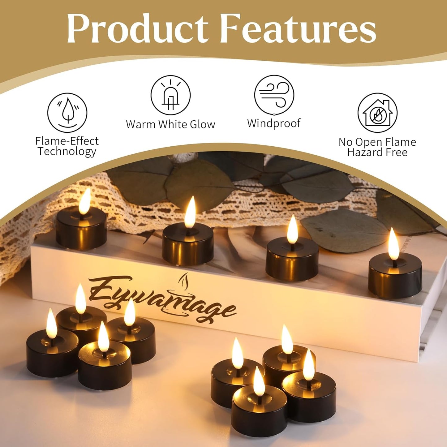 Eywamage Black Halloween LED Tealights, Flickering Flameless Tea Lights Votive Candles Set of 12