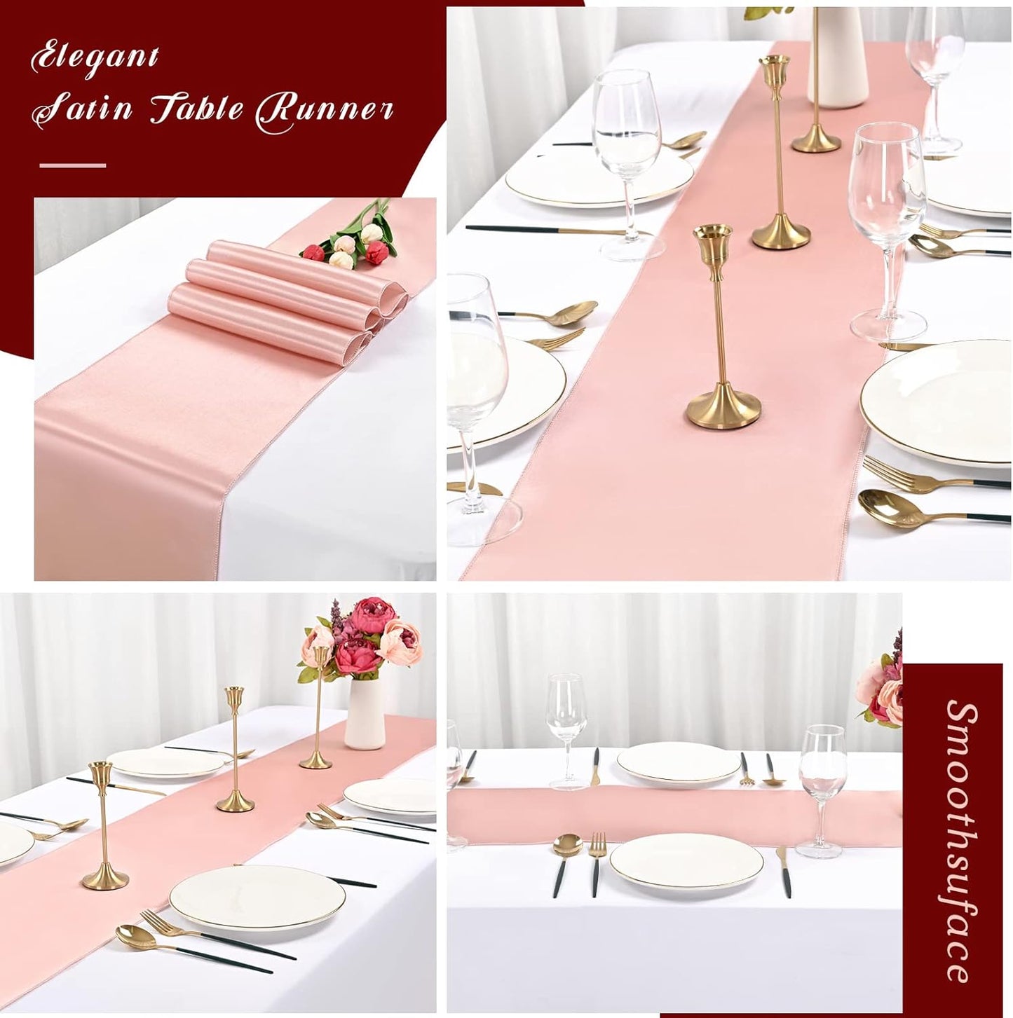 12 Pack Rose Gold Satin Table Runner,12 x 108 inch Long Premium Smooth Table Runner for Wedding, Banquets, Birthday, Party, Graduation, Engagements,Table Runners fit Rectangle and Round Table