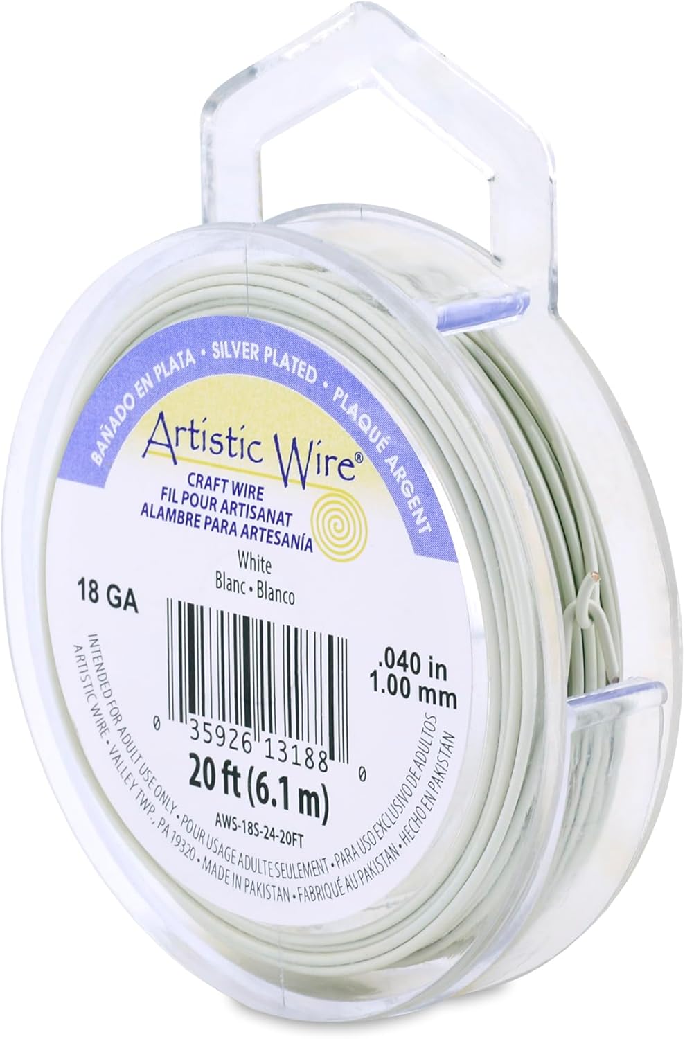 Artistic Wire, 18 Gauge Silver Plated Tarnish Resistant Colored Copper Craft Wire, White, 20 ft