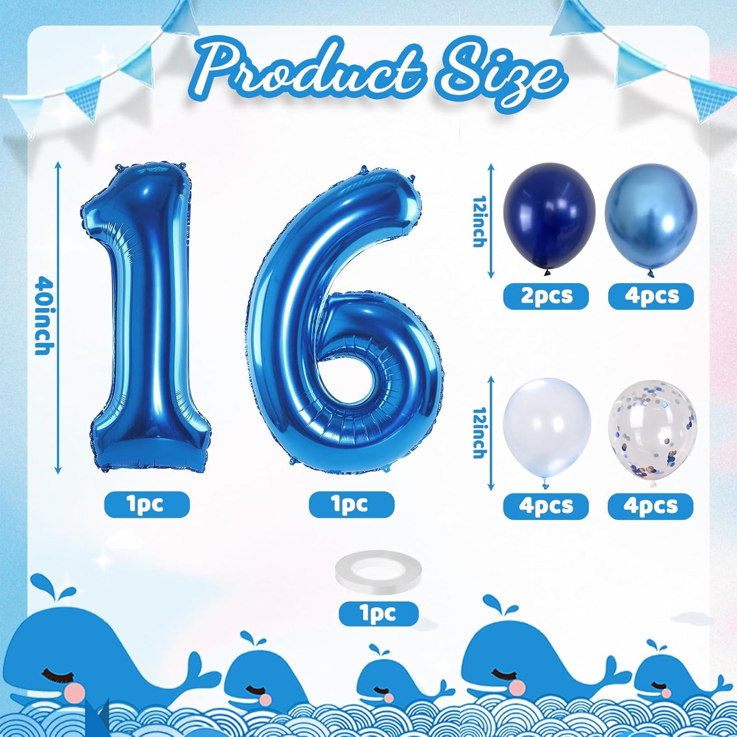 16 Balloon Number Blue, Big Number 16 Balloon Pastel Navy Dark Blue with Metallic Silver Confetti Balloon for Boys 16th Birthday, Foil 40'' Self Inflating Balloon 16 for Anniversary Party Decorations
