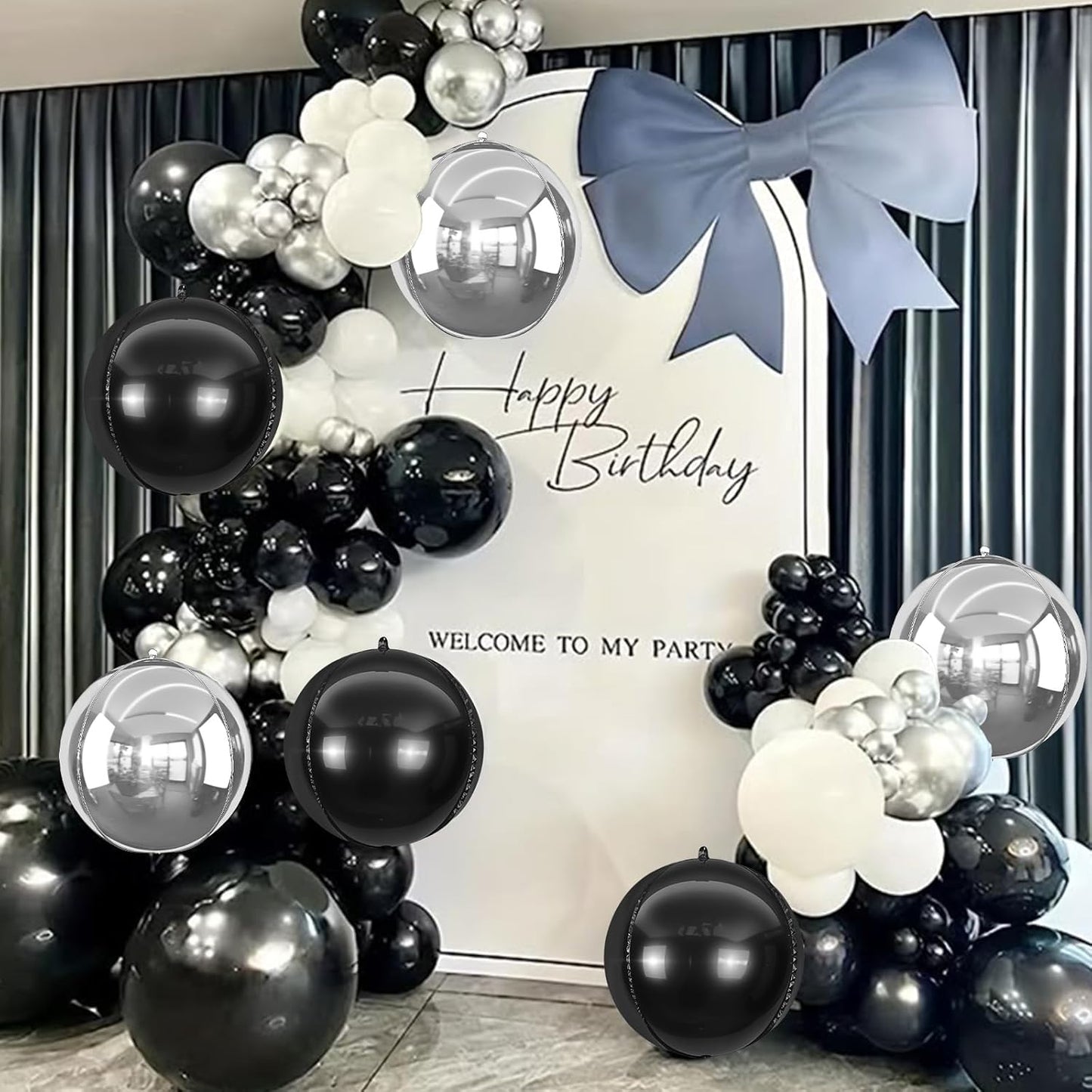 6Pcs Silver Black Round Foil Balloons,Giant 4D Round Ball Balloon,22 Inch Metallic Balloons for Birthday Wedding Graduation Prom Party Decorations