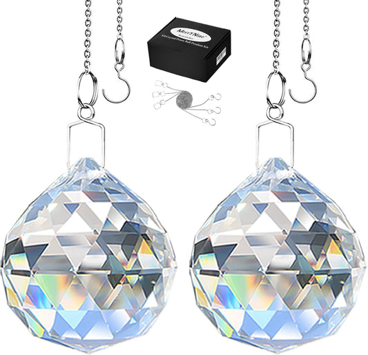 MerryNine 2 Pack Crystal Ball Prism Sun Shine Catcher Rainbow Pendants Maker, Hanging Crystals Prisms for Windows, for Feng Shui, for Gift (Clear) (40mm/1.57")