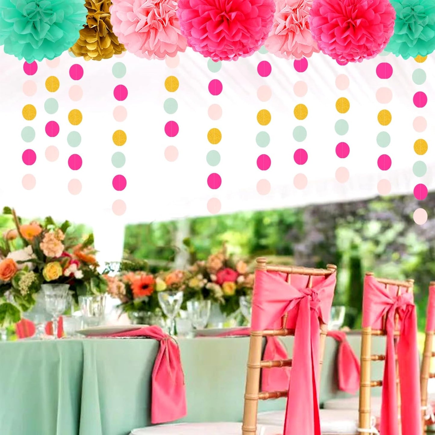 Mint Blush Hot-Pink Gold Party-Decorations - 30pcs Tissue Pom Poms Streamers, Girls Birthday Tassel Garland Banner,Wedding Engagement Baby Bridal Shower Bachelorette Brunch Decor Ouruola