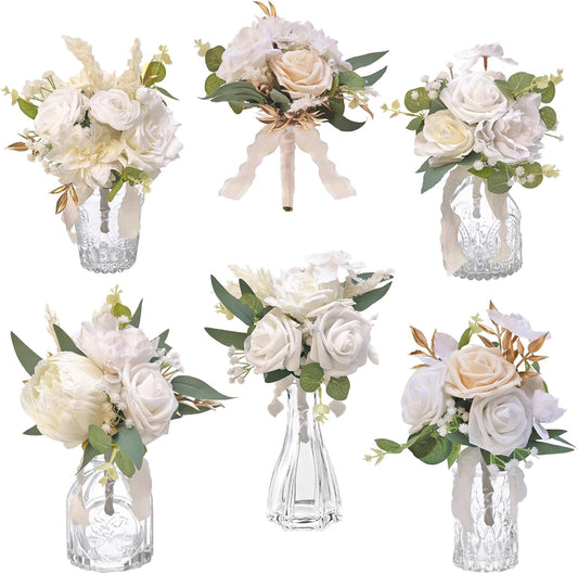 CherishedMoments Set of 6 Assorted Flower Centerpieces Mini Floral Wedding Flowers Set for Fall Wedding Table Centerpieces Decoration, White Bouquets and Home Decor