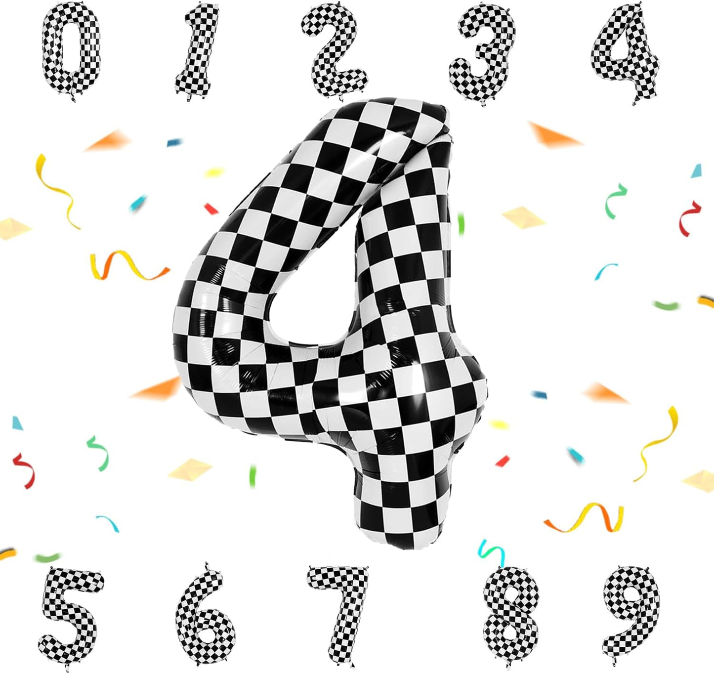 40 Inch Checkered Number Balloon - Race Flag Pattern Big Helium Balloon for Birthday Party Decorations - Black & White Balloon for Kids Adults Party Supplies (Racing Car, Number 4)