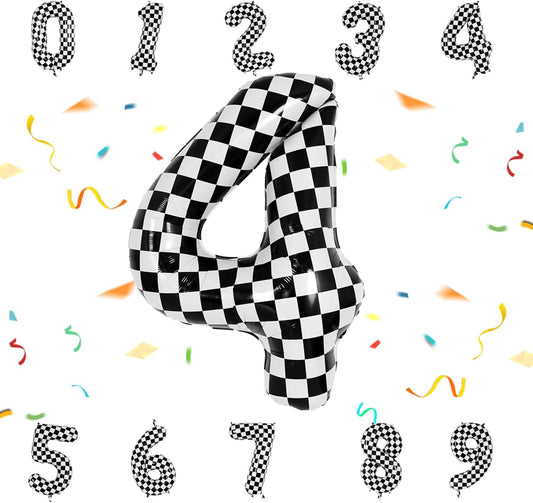 40 Inch Checkered Number Balloon - Race Flag Pattern Big Helium Balloon for Birthday Party Decorations - Black & White Balloon for Kids Adults Party Supplies (Racing Car, Number 4)