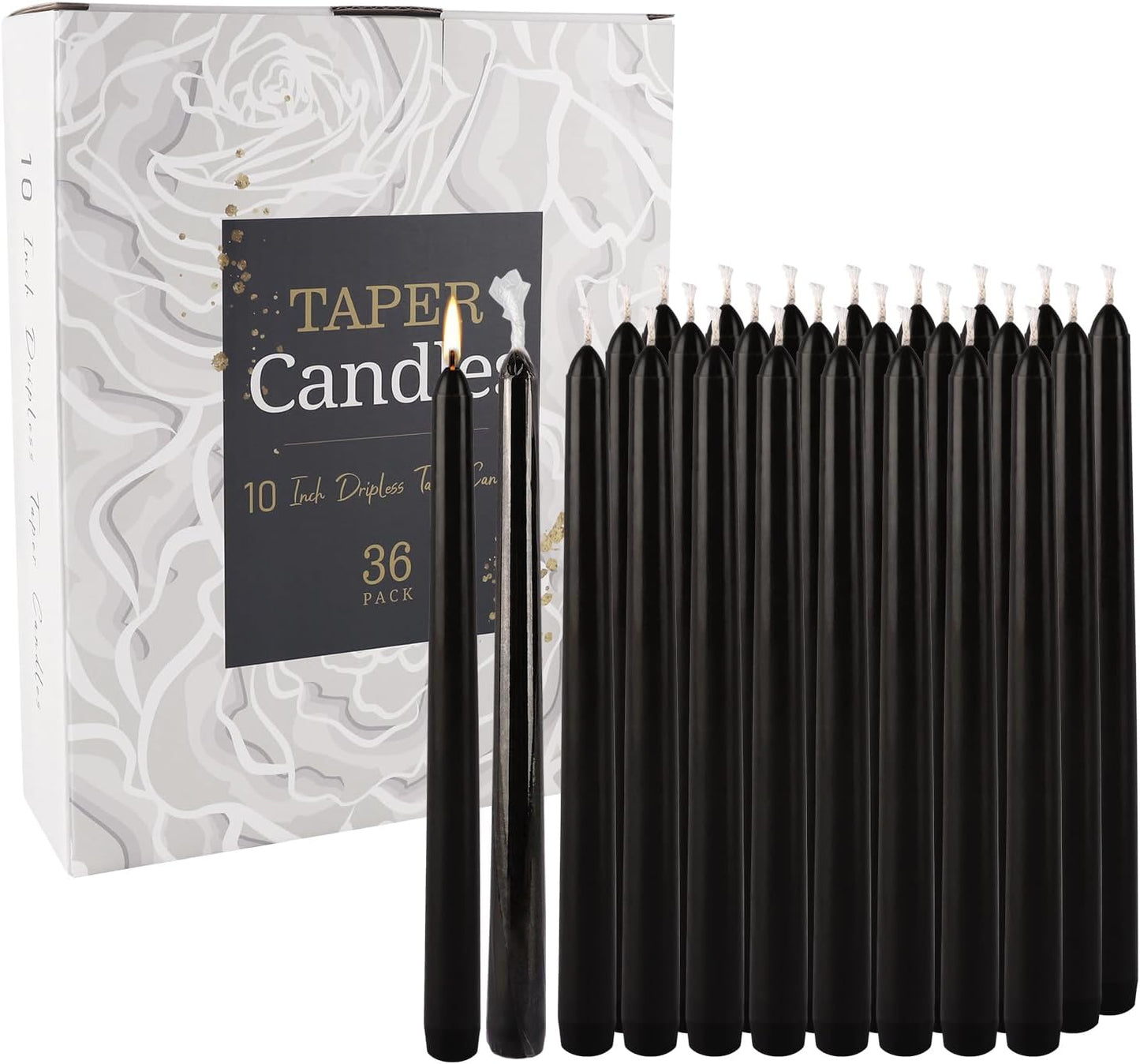 36-Pack 10-Inch Black Taper Candles - Drip-Free Unscented, Long Burning for Dinner Parties, Halloween, Home Decor, Spells & Rituals, Meditation, Prayer (25.4 cm)