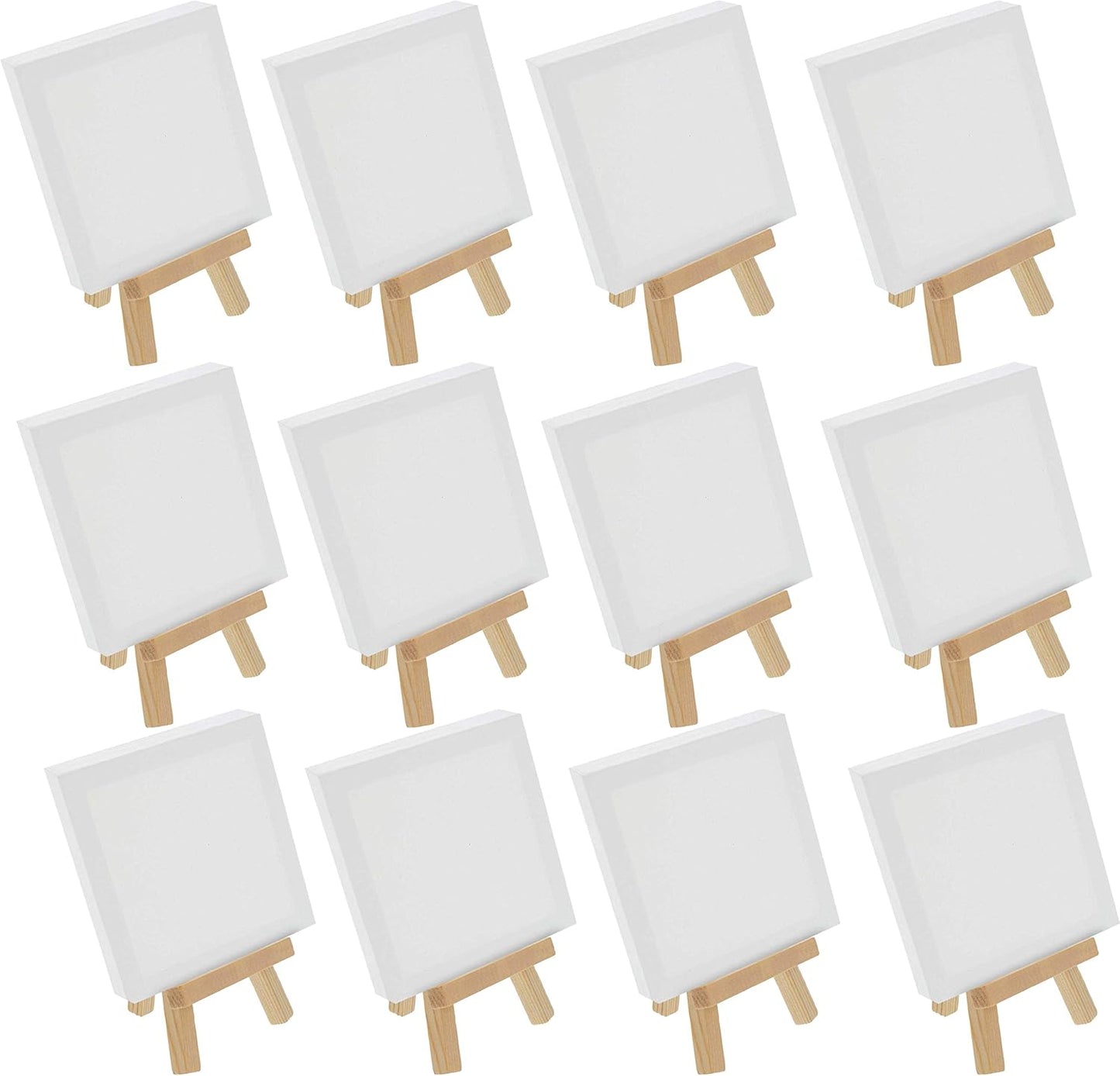 U.S. Art Supply 5" x 5" Stretched Canvas with 8" High Small Natural Wooden Easel (12 Pack), A-Frame Canvas Stand Tripod, Small Painting Easels - Tabletop Easel for Painting, Canvases, Student Crafts