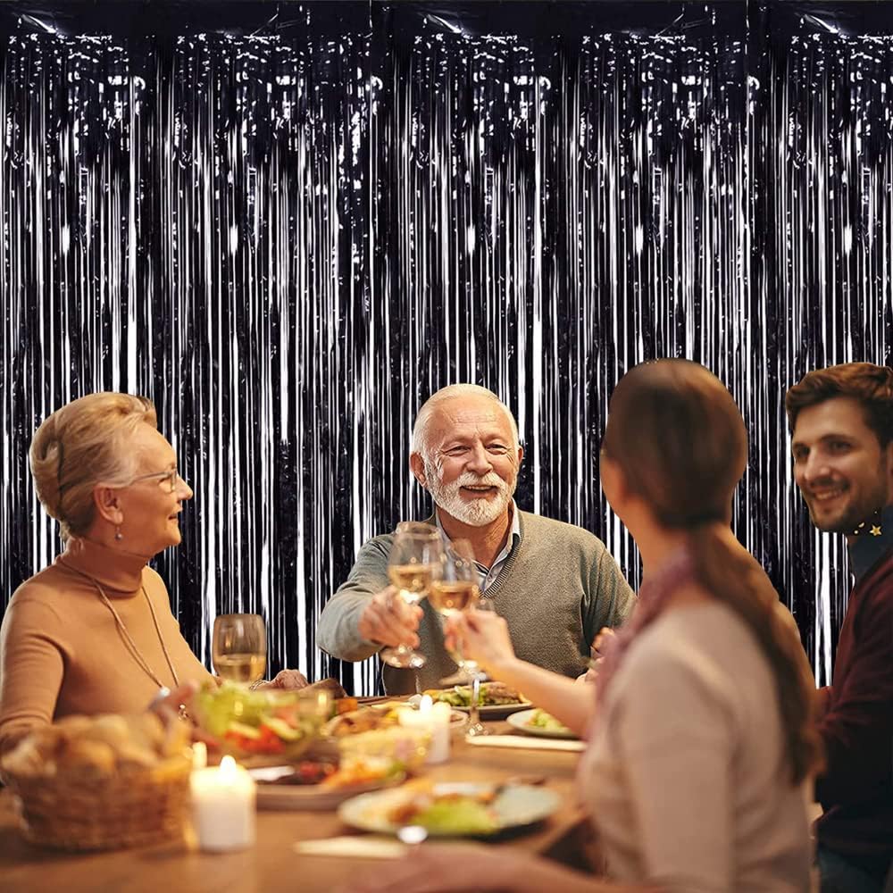 TONIFUL 3Pcs Black Door Streamers,Photo Booth Backdrop,Metallic Streamers Black Foil Fringe Curtains for Birthday,Christmas,New Year,St. Patrick's Day Halloween Party Streamers Decor(9.9ft x 6.6ft)