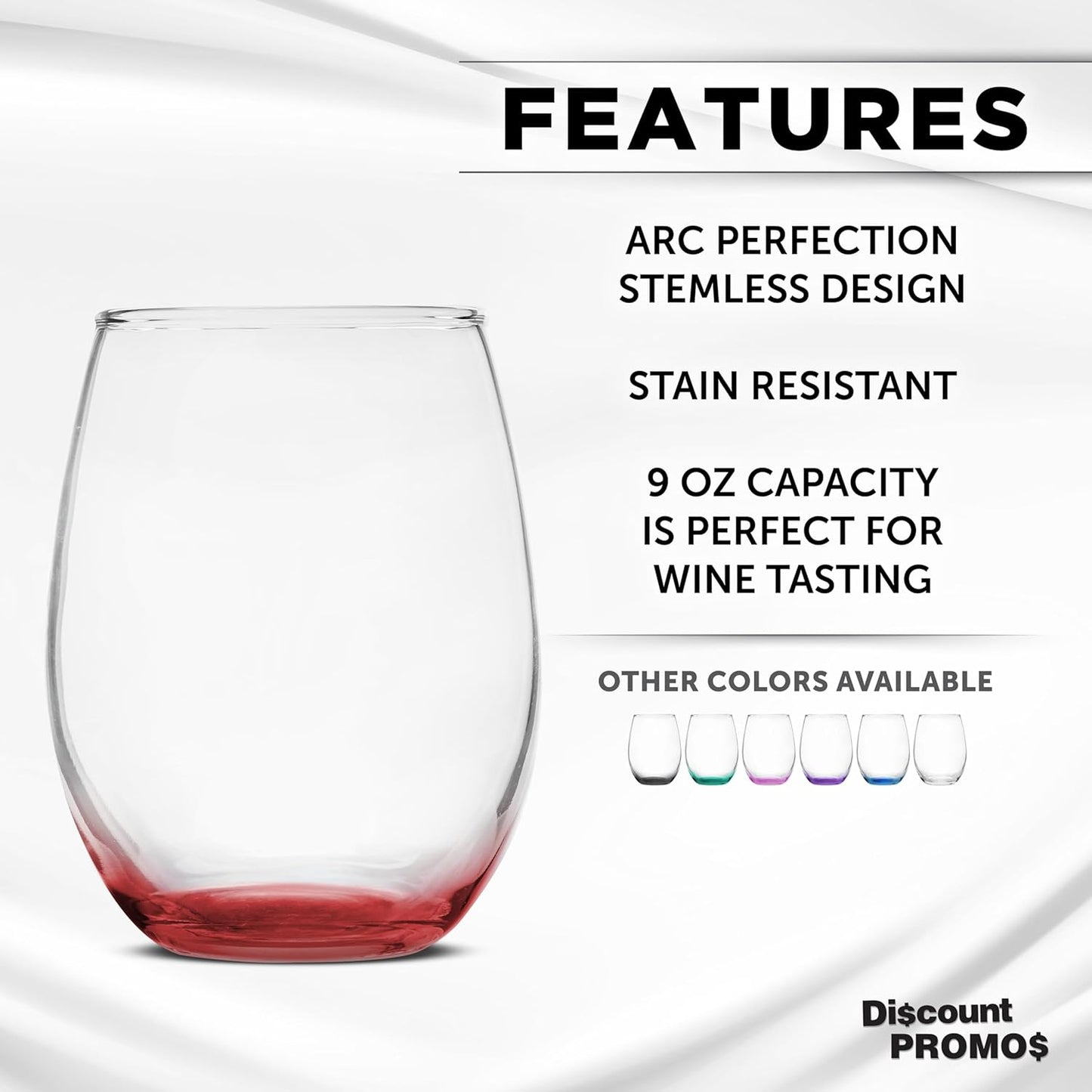 DISCOUNT PROMOS Stemless Wine Glass 9 oz. Set of 10, Bulk Pack - Great for Wedding Favors, Bachelorette Party and More - Red Bottom Color
