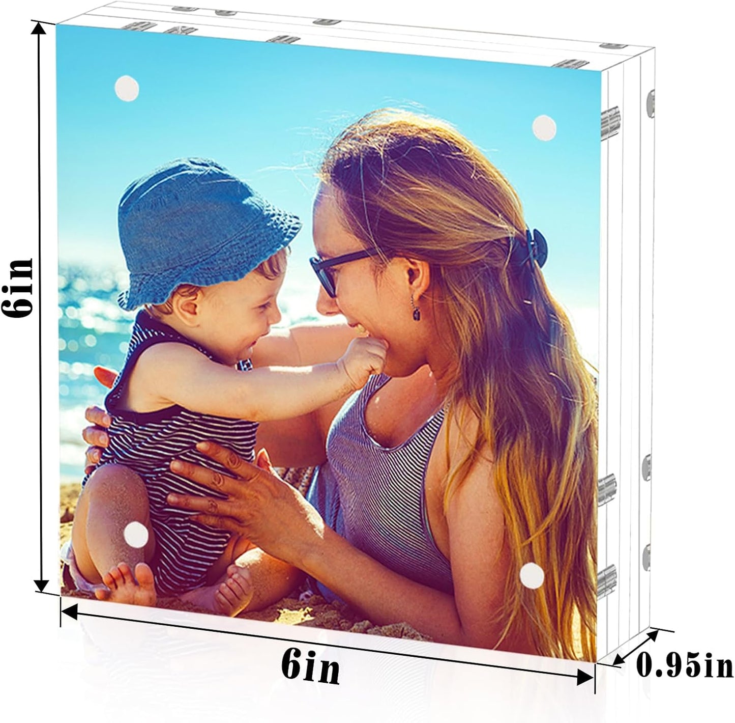 HELPLEX 2 Pack 6x6 Acrylic Picture Frames, 24mm Thicker Square Frameless Clear Frame Double Sided Magnetic Frame, Free Standing Desktop Display Stand