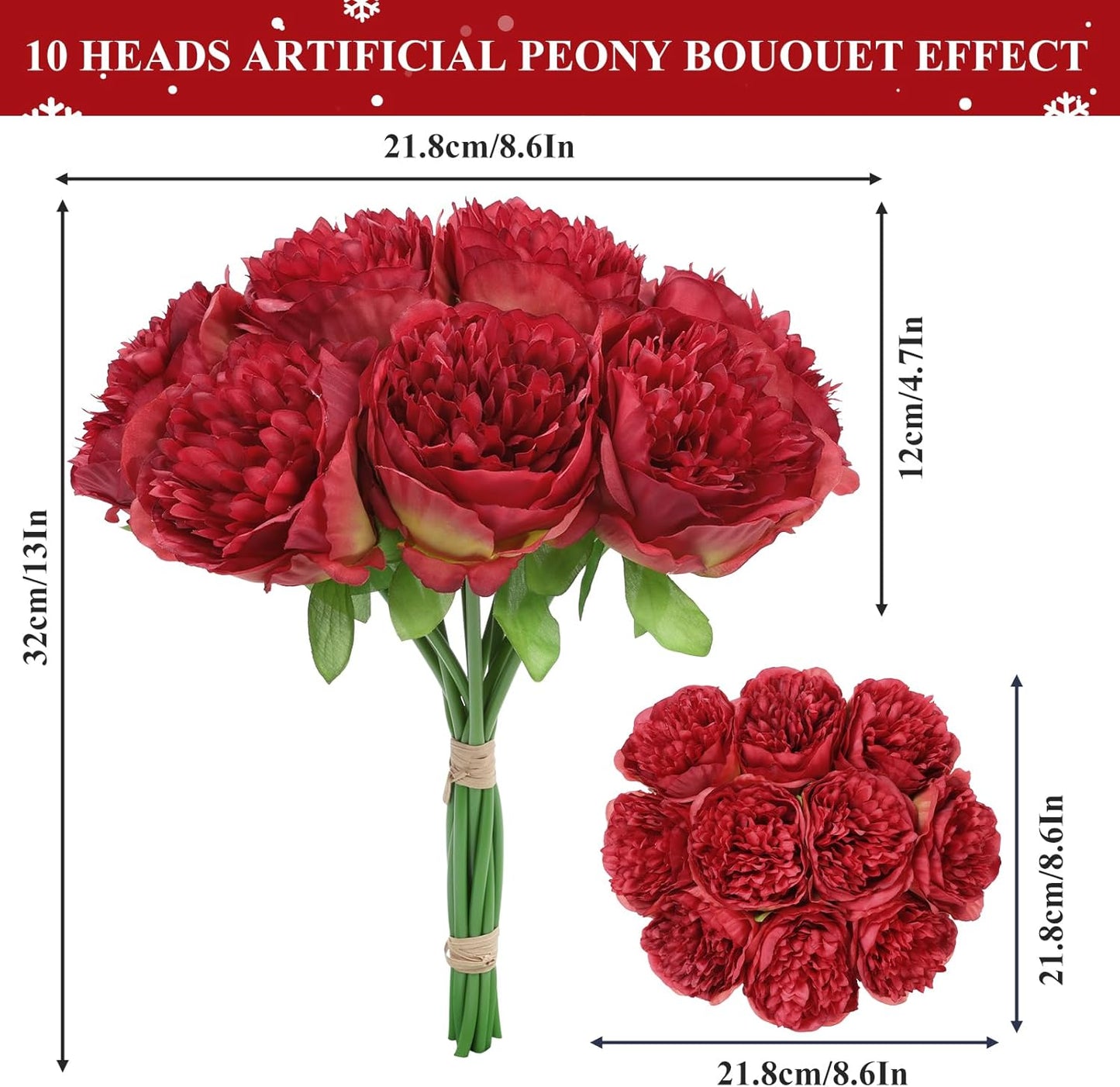 U'Artlines 20 Heads Artificial Peony Silk Flower Leaf for Christmas Holiday New Year Home Office Wedding Party Festival Bar Decor (Red)