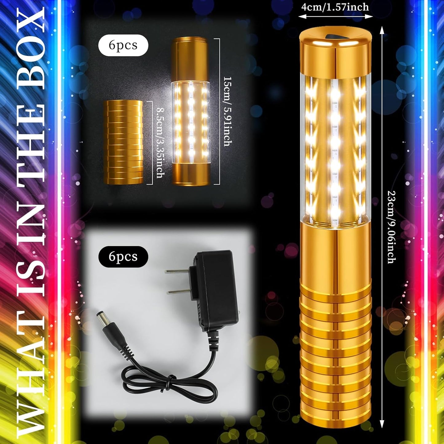 6 Pieces LED Strobe Baton Light Rechargeable Bottle Service Sparklers Stick Reusable Champagne Bottle Handheld LED for Club Stage Nightclub Party Concert Event Bar Outdoor - Gold