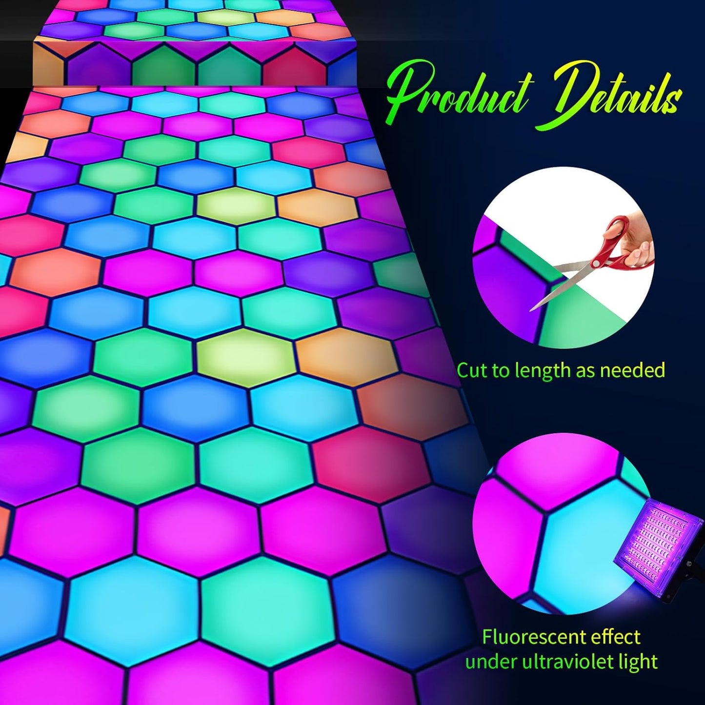 Haull 118 x 39 Inch Neon Light up Dance Floor Glow in The Dark Runner UV Reactive Blacklight Floor Aisle Runner Decor Wall Props for 80s 90s Neon Birthday Party Decorations(Hexagon)