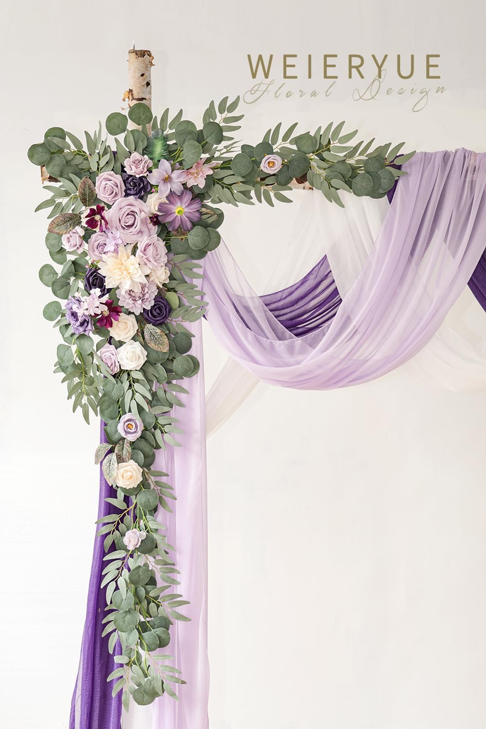 Deluxe Purple Artificial Wedding Arch Flowers with Drapes Kit-Pack of 5, 2pcs Flower Arrangements 3pcs Hanging Sheer Drapes Blue Ceremony Arbor Reception Backdrop Rose Floral Decorations.