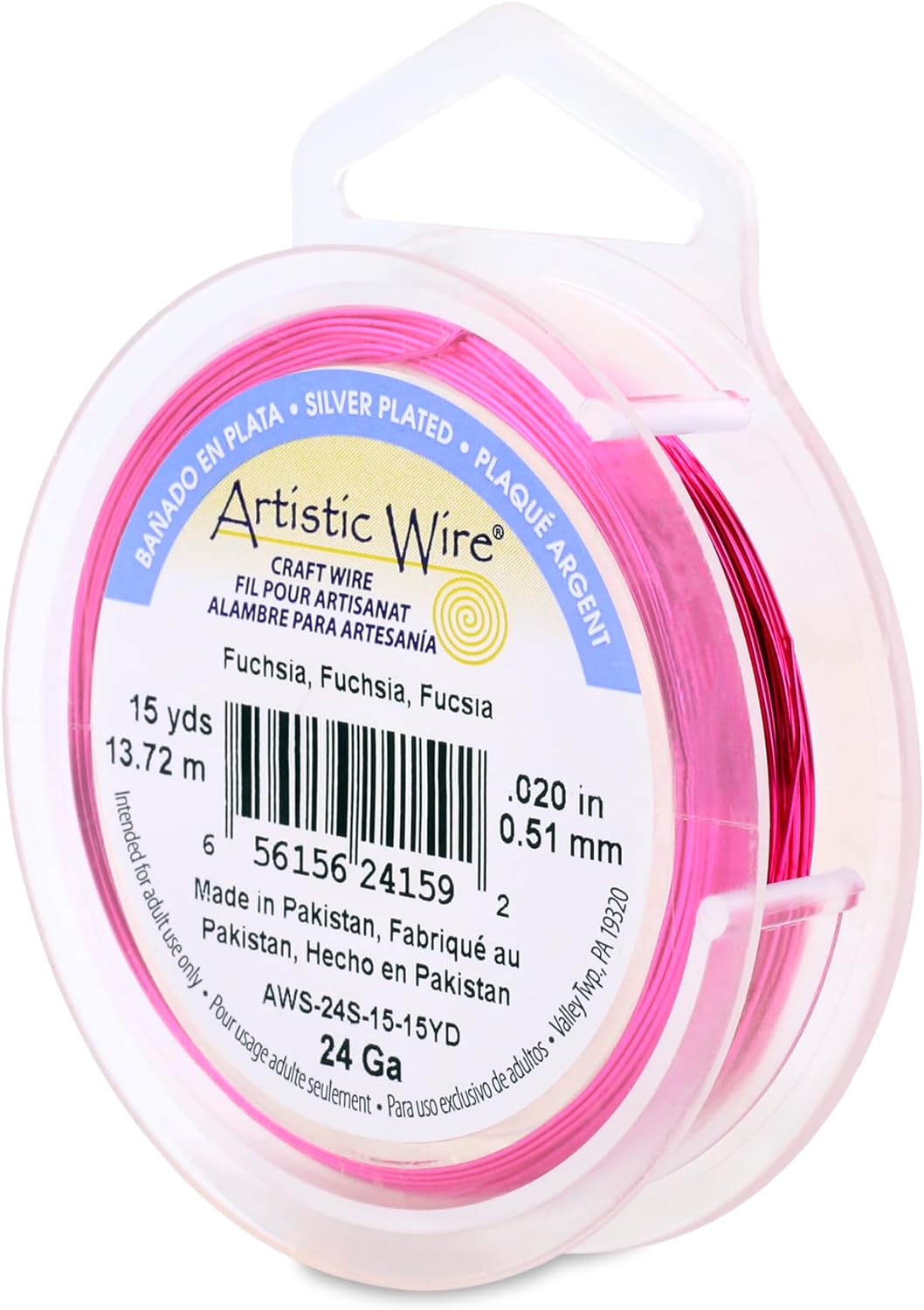 Artistic Wire, 24 Gauge Silver Plated Tarnish Resistant Colored Copper Craft Wire, Fuchsia 15 yd