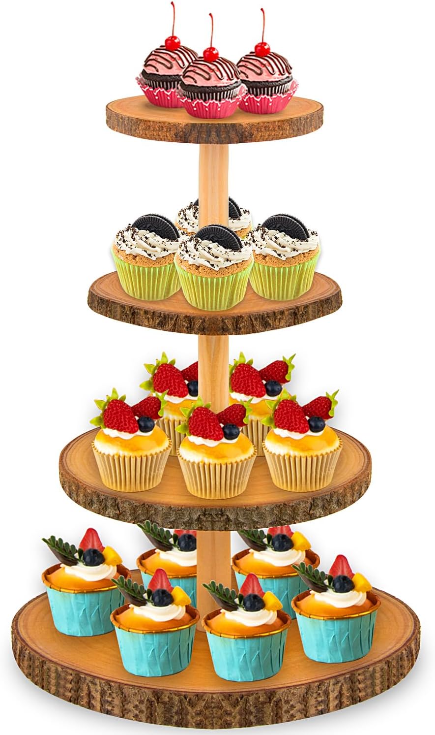 Cupcake Stand Wood Dessert Stands 4 Tier Wooden Cupcake Stand - Large Capacity, Bark-Covered, Varnished, Multi-Functional for Weddings, Baby Showers, and Parties.