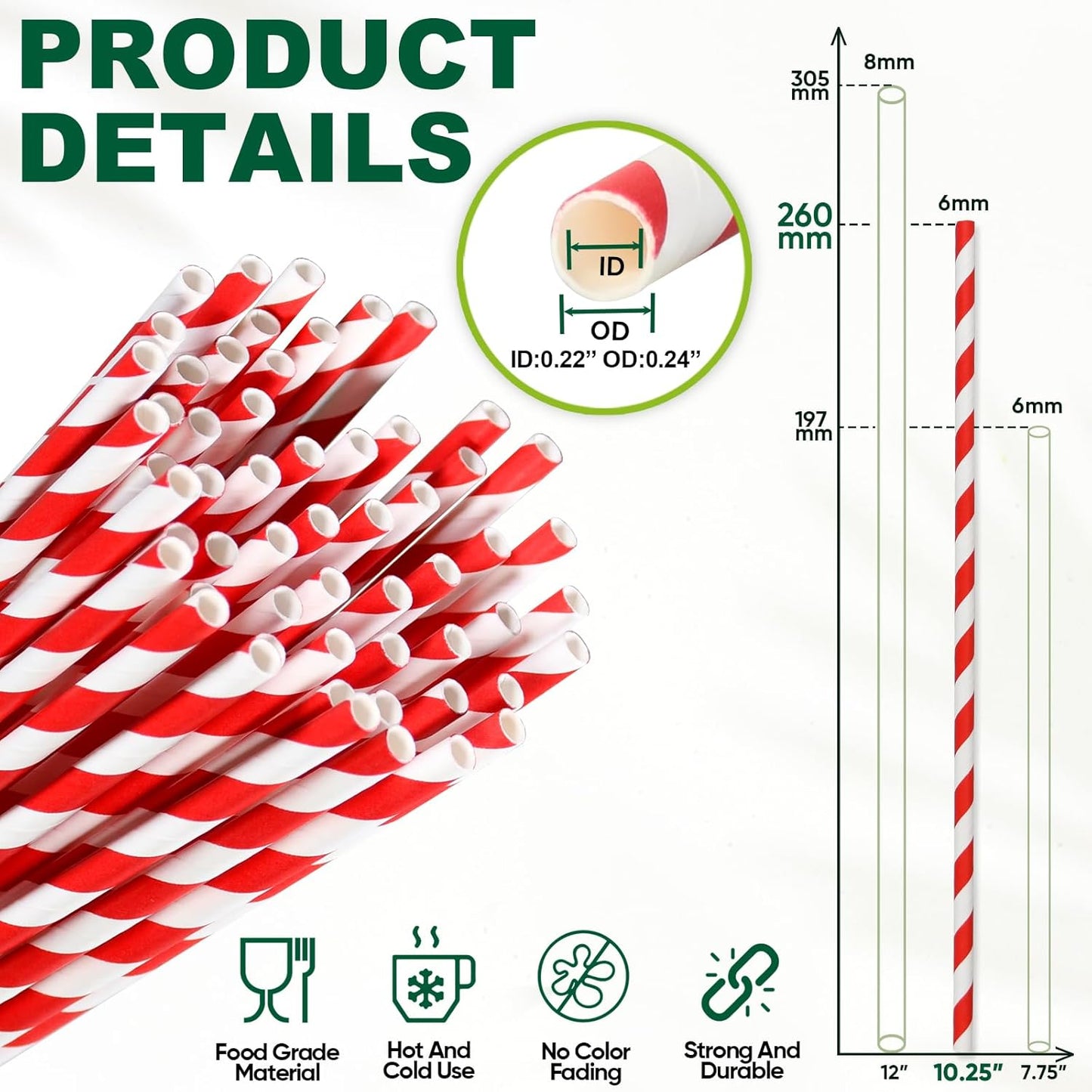 Extra Long Paper Straws 10 Inch - Biodegradable Disposable Long Drinking Straws - Red/White Striped, 100