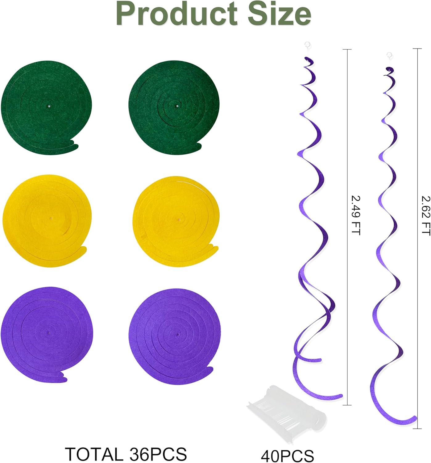36 Pcs Green Yellow Purple Hanging Swirl Decorations Felt Swirl Streamer Spiral Ceiling Garland Banner for Mardi Gras Masquerade Theme Birthday Baby Shower Wedding Engagement Party Decor Supplies