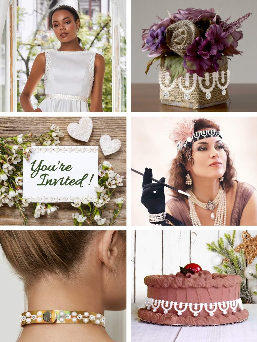 Mandala Crafts 0.75 Inch Crystal Faux White Pearl Beads Roll - 10 Yards Strand of Rhinestones Fake Pearls Chain Garlands Spool String for Christmas Tree, Wedding, Party, Vases, DIY Decoration