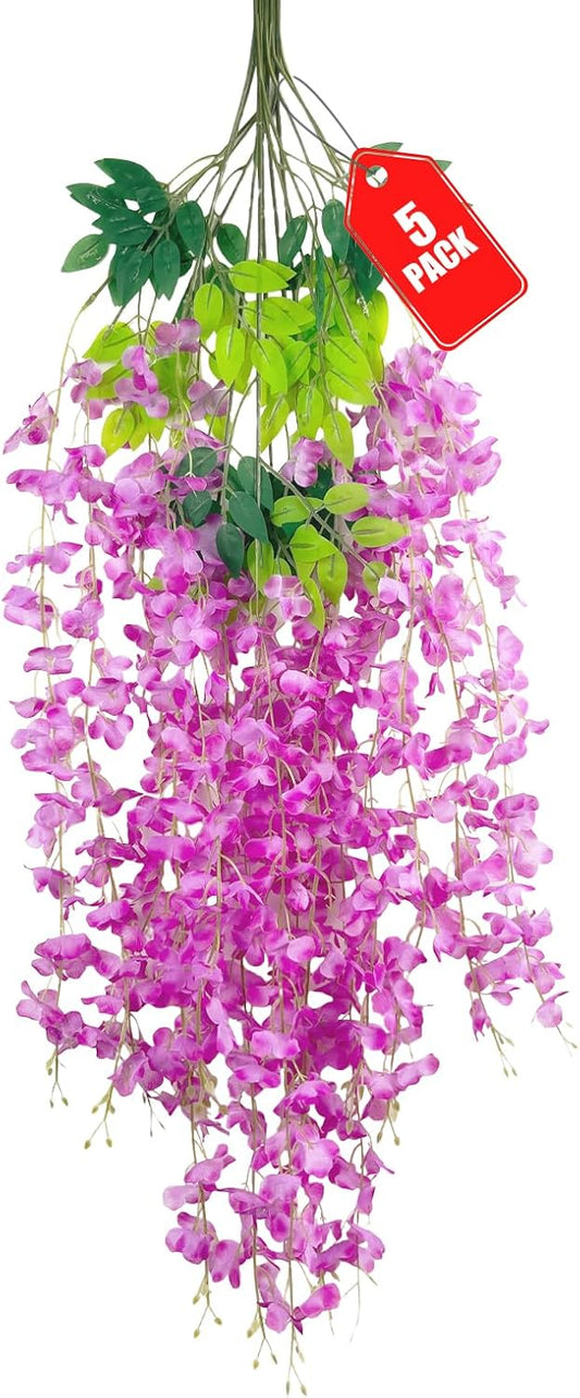 5 Pack Purple Red Wisteria Hanging Flowers, 3.44 Ft Fake Hanging Flowers, Artificial Wisteria Garland Vines for Wedding Room Backdrop Outdoor Patio Garden Decoration