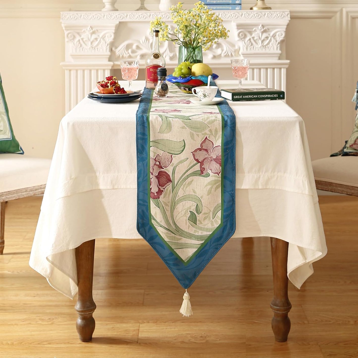 patdrea Designer Elegant Bright Linen Table Runner 87 Inch Long, Mauve Iris Floral Pattern Table Mat, Decoration for Kitchen Dining Table Coffee Table Shelf Cabinet Banquet Christmas ,12"*87"