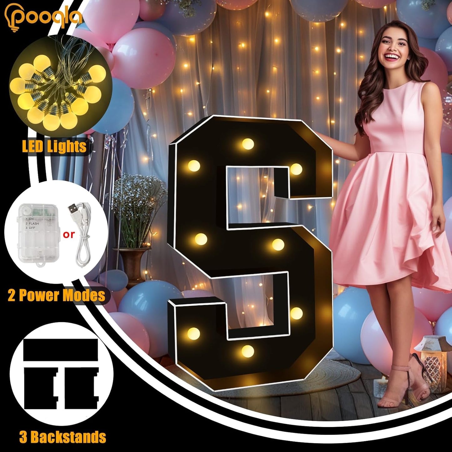 Pooqla 3 FT Marquee Light Up Letters, Black Marquee Letter Lights 3 Feet Tall, Giant LED Sign Big Mosaic Letters for Balloons Birthday Party Anniversary Wedding Decorations, Warm White Y