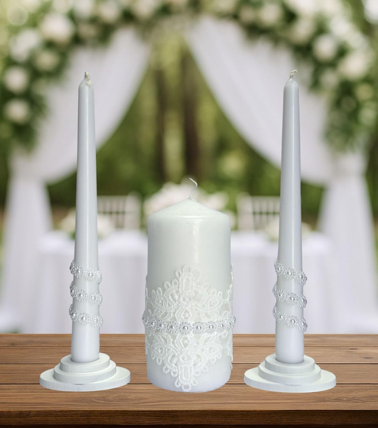 Unity Candle Set - Wedding Ceremony & Reception – 6” Pillar & Two 10” Taper Candles – Long Burning Unity Candles for Marriage Ritual – Handmade in USA – White | Lace