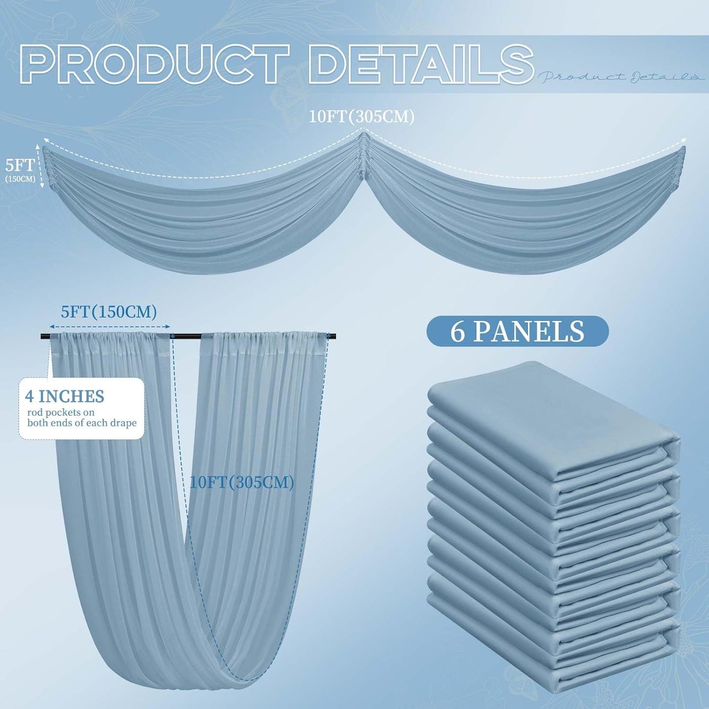 6 Panels Dusty Blue Ceiling Drapes for Wedding 5ftx10ft Ceiling Drapes Wedding Arch Draping Fabric Cheesecloth Sheer Curtain Romantic Ceiling Decorations for Weddings Party Banquet Ceremony Stage